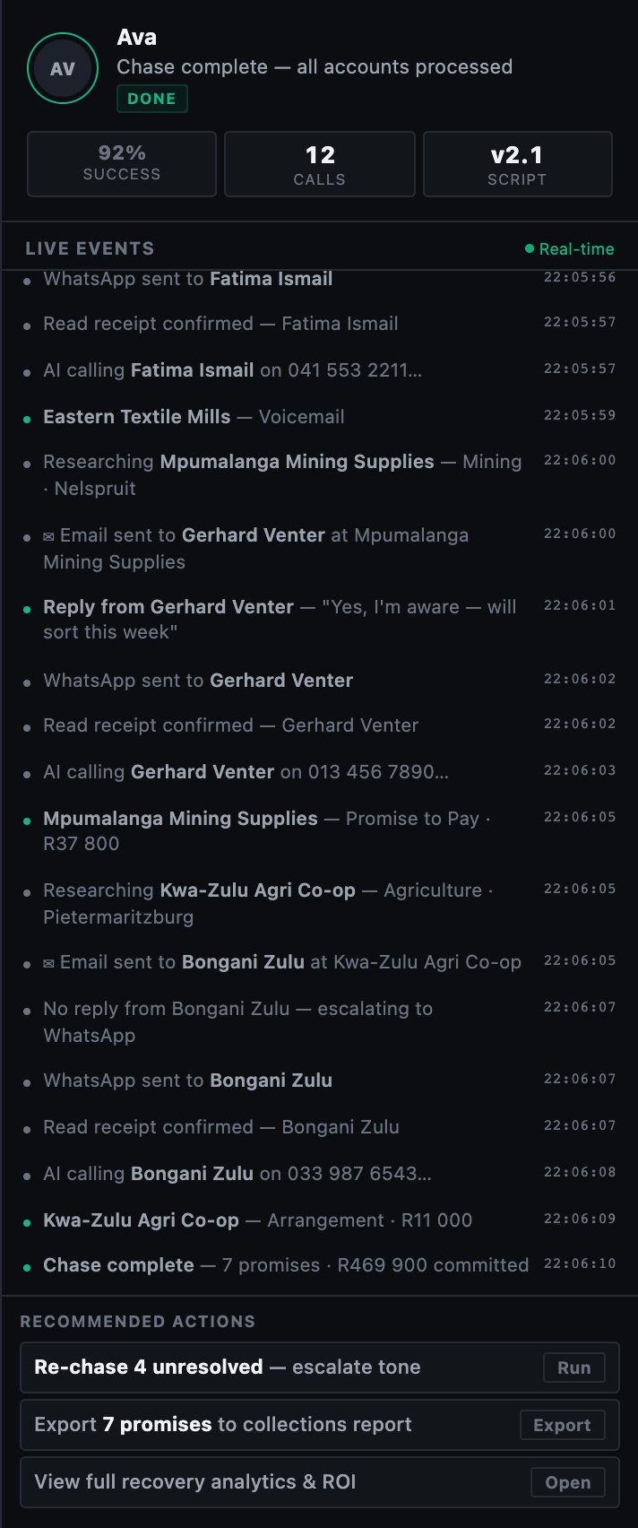 The live events panel listing each email sent, each call placed and each promise recorded during a run.